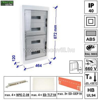 TRACON EDFKS-18/4 Falonkívüli elosztódoboz, füstszínű-sík ajtóval NPE nélkül 4×18=72modul IP40 fehér 1.