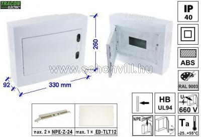 TRACON EDFKSN-12/1 Falon kívüli elosztódoboz, fehér-sík ajtóval, NPE nélkül 1×12 modul, IP40 1.