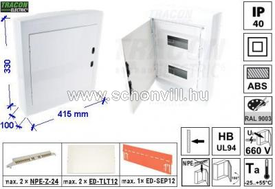 TRACON EDFKSN-12/2 Falon kívüli elosztódoboz, fehér-sík ajtóval, NPE nélkül, 24=2×12 modul, IP40 1.