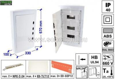 TRACON EDFKSN-12/3 Falon kívüli elosztódoboz, fehér-sík ajtóval, NPE nélkül, 36=3×12 modul, IP40 1.