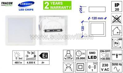 TRACON LED-DLNFS-6NW Falonkív. négyz. LED lámpatest SAMSUNG chip 230V 6W 480lm 120×120mm 4000°K IP20 1.