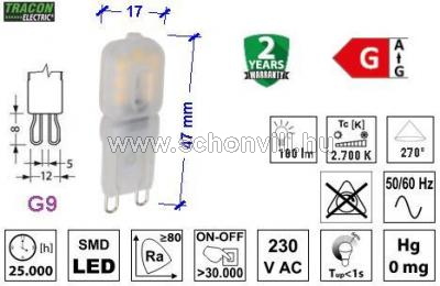 TRACON LG9X2,5W LED fényforrás műanyag házban 230VAC 2,5W WW/2700°K G9 180lm 270° EEI=G 1.