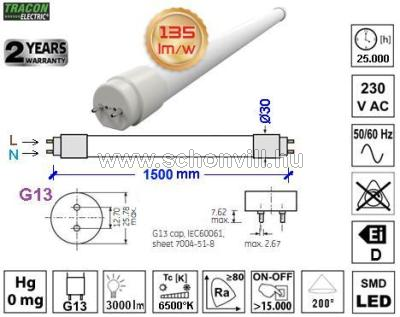 TRACON LT8GH15022CW Üveg LED világító cső, opál burás 230V 50Hz G13 22W 2280lm CW=6500K 200° Ei=F 1.