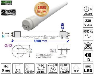 TRACON LT8GH15022NW Üveg LED világító cső opálbúrás 230V 50Hz G13 22W 3000lm NW=4000°K 200° Ei=D 1.