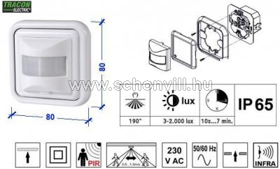 TRACON TMB-062 Mozgásérzékelő süllyesztett fehér 230V 50Hz 500W 190° 1-9 m 10s-7min 3-2000lux 1.