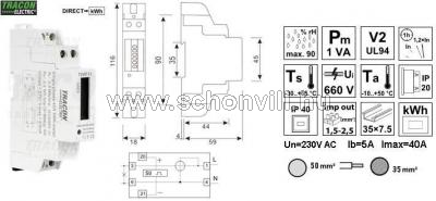 TRACON TVOF11 LCD kijelzésű fogyasztásmérő, közvetlen, 1 fázisú, 1 modul 230VAC / 5(40)A 1.