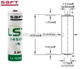 SAFT LS14500 3,6V 2,6Ah (Li-SOCI2) lítium elem Ø14,55x50,3mm 1.