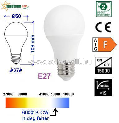 SPECTRUM 14612 LED fényforrás GLS A60 E-27 230V 9W CW 980lm 15000h 1.