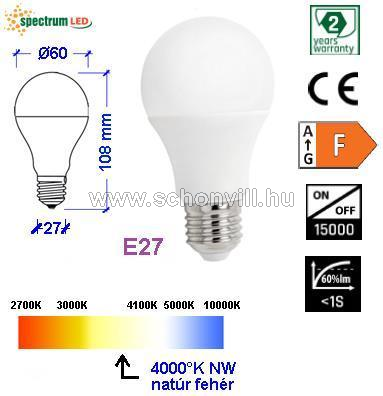 SPECTRUM 14611 LED fényforrás GLS A60 E-27 230V 9W NW 900lm 15000h 1.