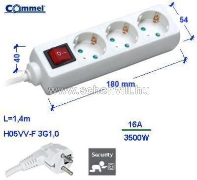 COMMEL 0814 Elosztó 3 dugaljas, kapcsolós, 1,4m H05VV-F 3x1mm² fehér vezetékkel, 16A 250V 3500W 1.