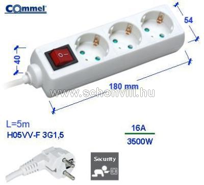 COMMEL 0816 Elosztó 3 dugaljas kapcsolós, 5m H05VV-F 3x1,5mm2 fehér vezetékkel, 16A 250V 3500W 1.