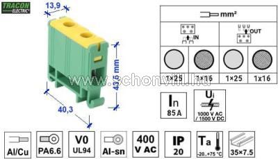 TR FLEAL-16/1ZS Főáramköri leág. kapocs sínre szer. zöld-sárga 1.5-16mm2 max.1000VAC 1500VDC max.85A 1.