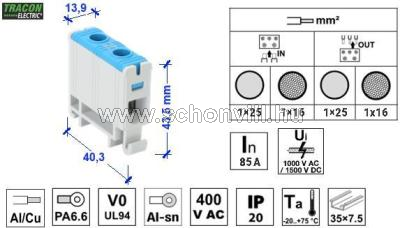 TRACON FLEAL-16/1K Főáramköri leágazó kapocs sínre szer. kék 1.5-16mm2 max. 1000VAC 1500VDC max.85A 1.